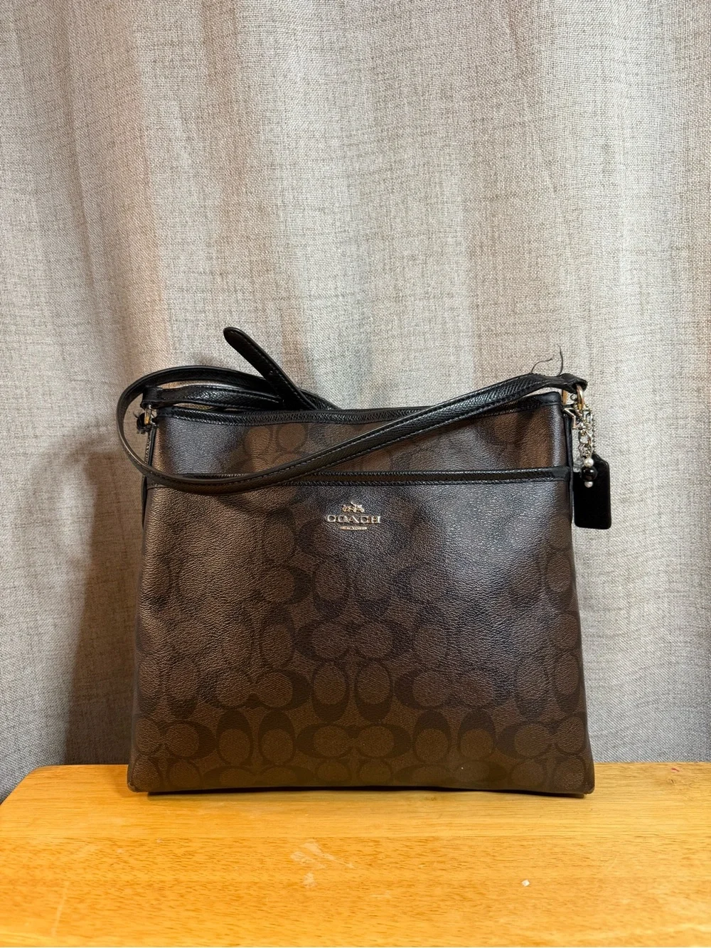 Coach Dark Brown Signature Crossbody Bag with Black Trim